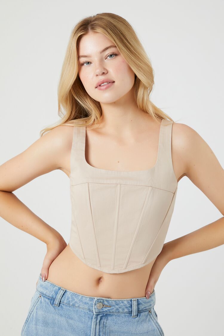 Forever 21 Women's Twill Corset Crop Top Pine Bark