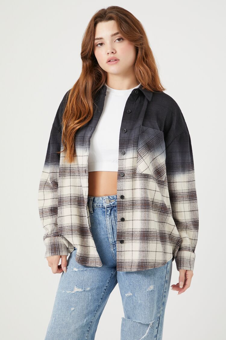 Forever 21 Women's Plaid Bleach Dye Flannel Shirt Black/Multi