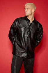 Forever 21 Men's Faux Leather/Pleather Drop-Sleeve Shirt Black