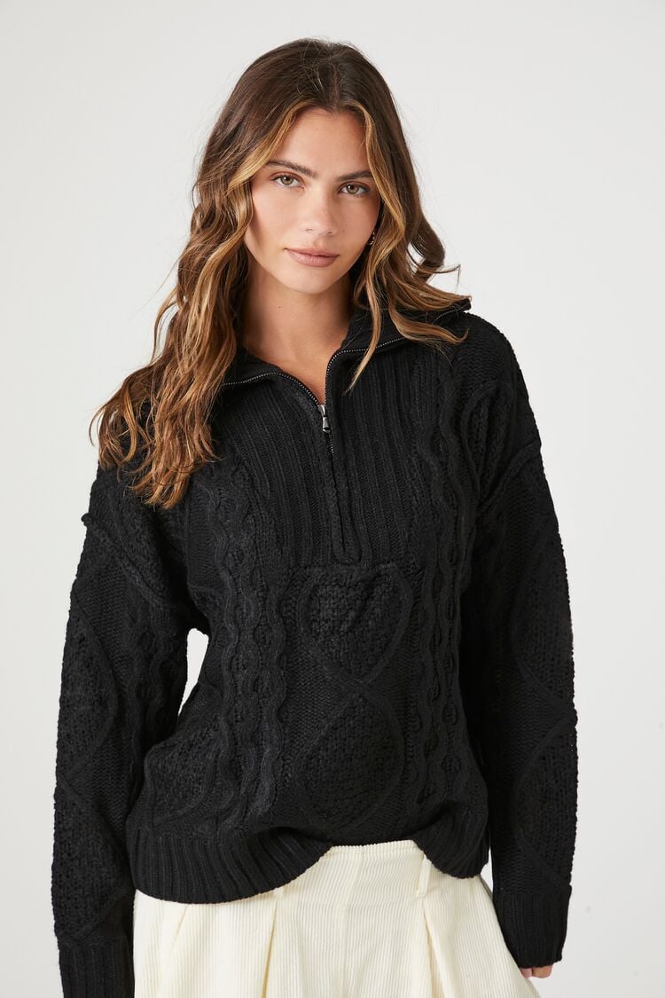 Forever 21 Women's Half-Zip Cable Knit Sweater Black