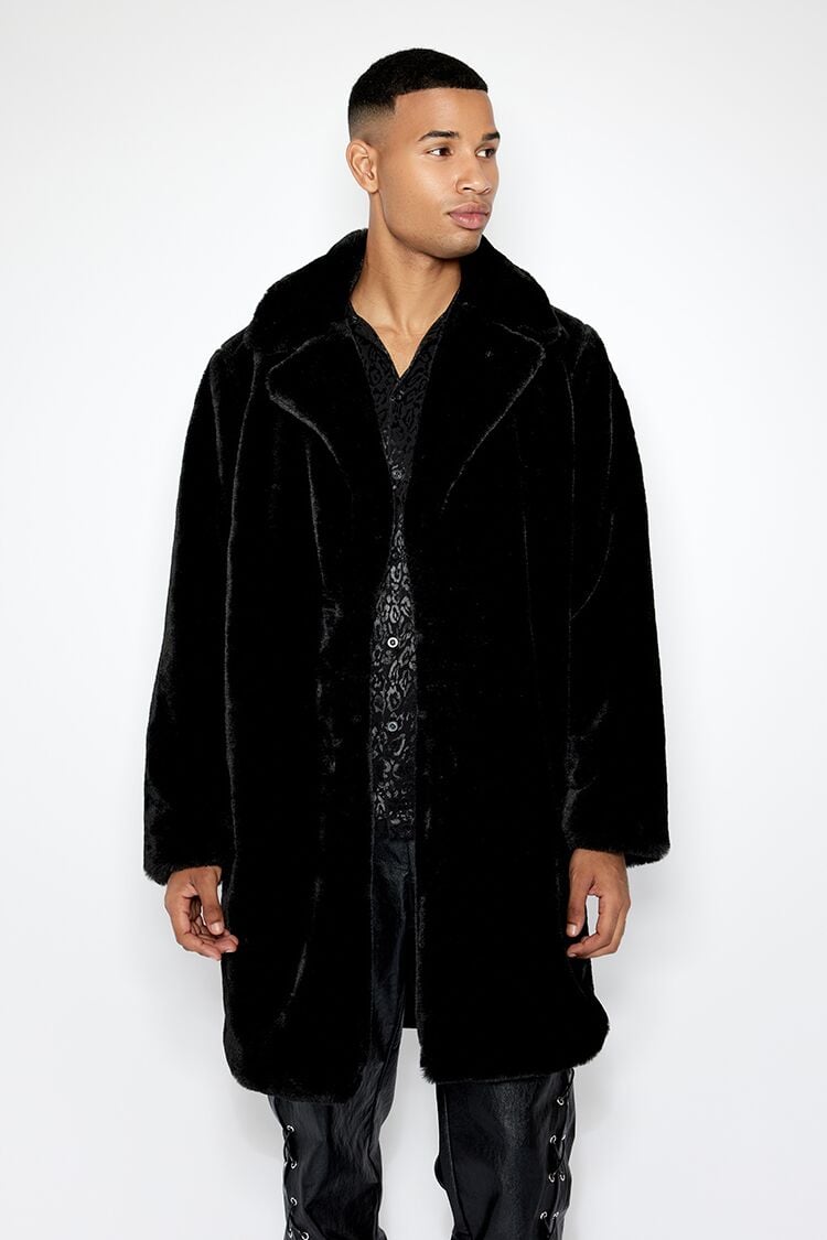 Forever 21 Men's Faux Fur Longline Coat Black