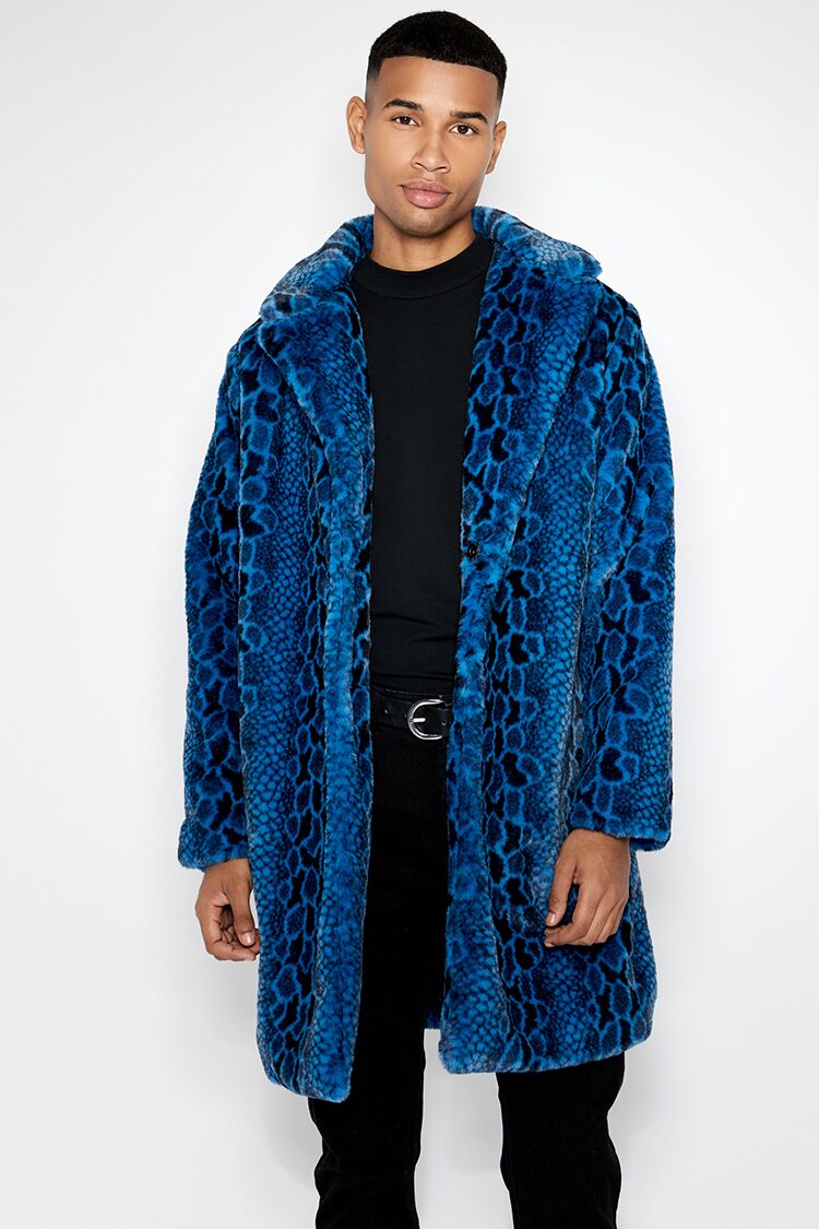 Forever 21 Men's Faux Fur Snake Print Coat Blue/Multi