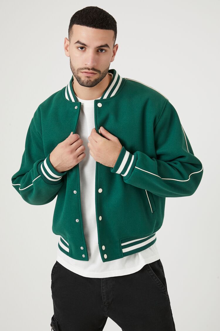 Forever 21 Men's Varsity Letterman Bomber Jacket Green/Cream