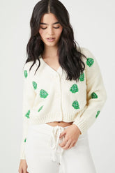 Forever 21 Knit Women's Christmas Tree Cardigan Sweater Cream/Green