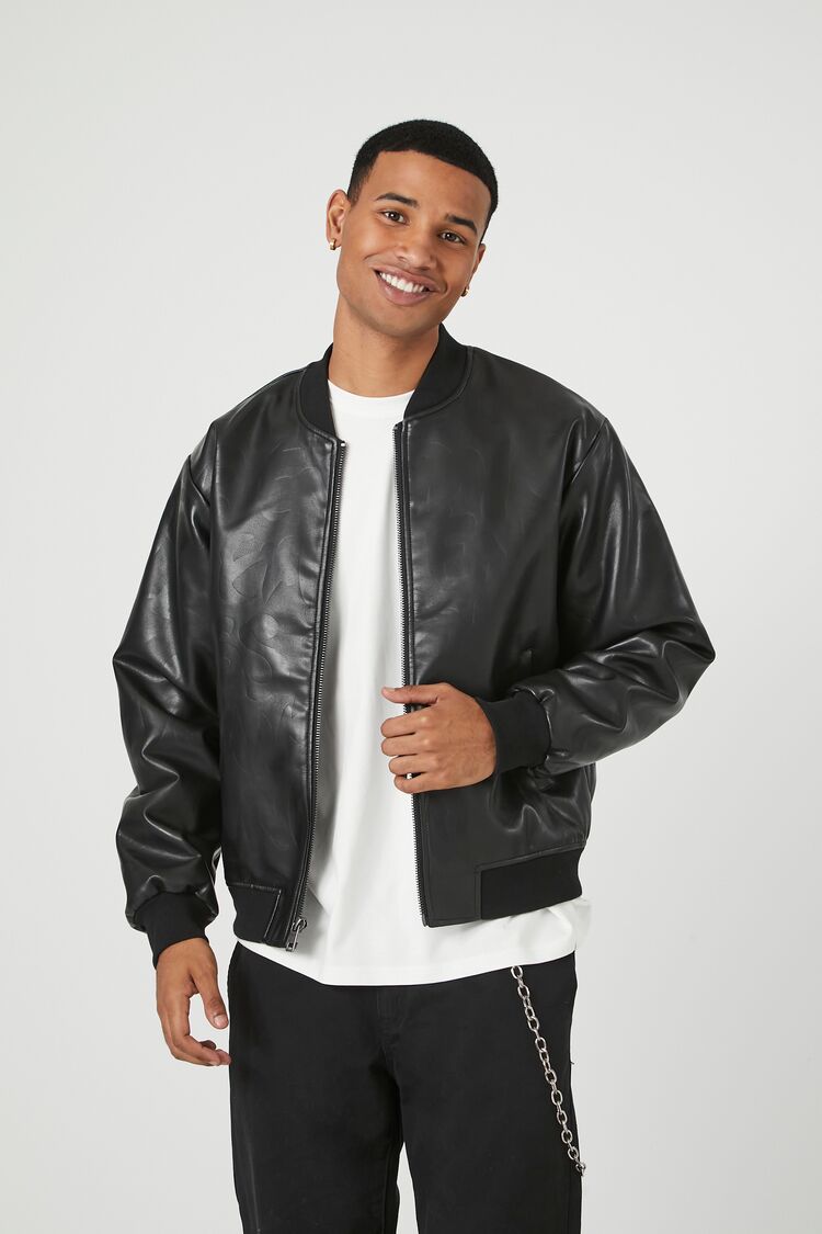 Forever 21 Men's Embossed Faux Leather/Pleather Bomber Jacket Black