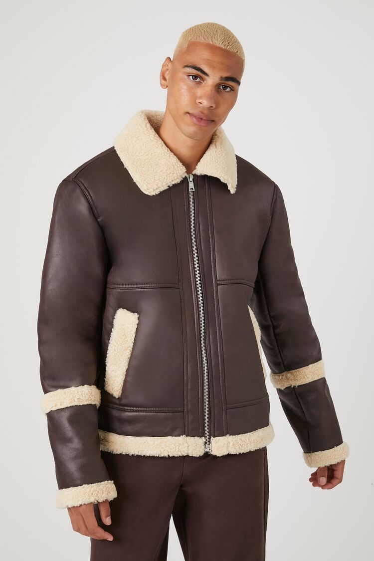 Forever 21 Men's Faux Shearling/Sherpa-Trim Aviator Jacket Cocoa/Cream