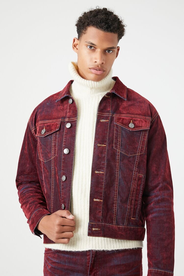 Forever 21 Men's Oil Wash Trucker Jacket Burgundy