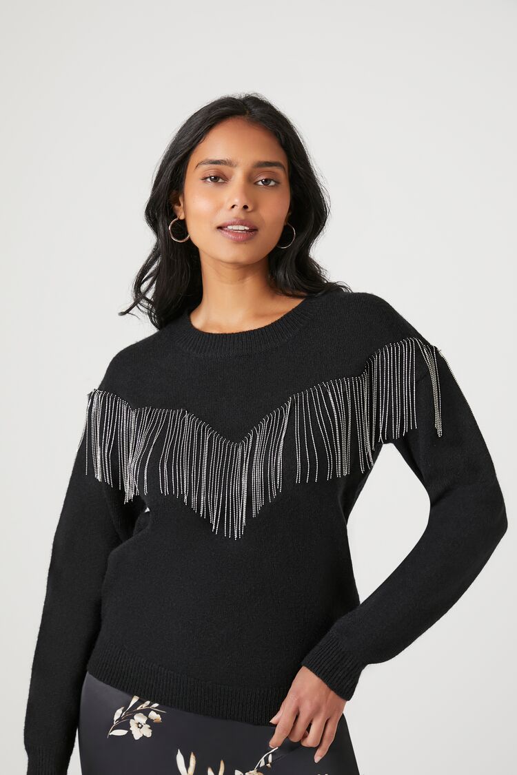 Forever 21 Knit Women's Rhinestone Fringe-Trim Sweater Black