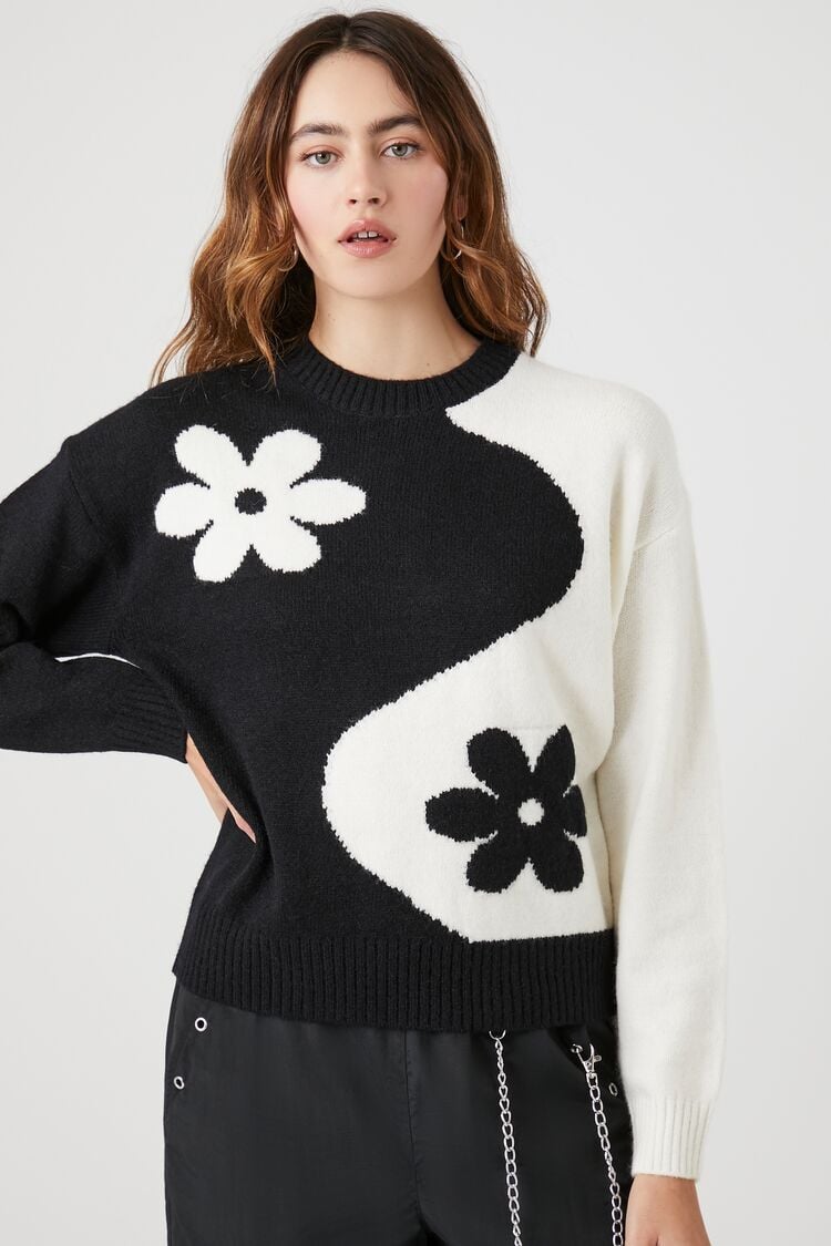 Forever 21 Knit Women's Colorblock Floral Sweater Black/White