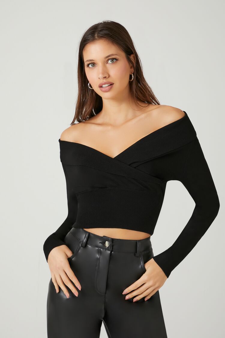 Forever 21 Knit Women's Off-the-Shoulder Crossover Sweater Black