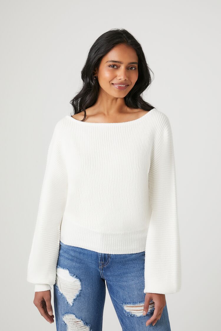 Forever 21 Knit Women's Ribbed Boat Neck Sweater White