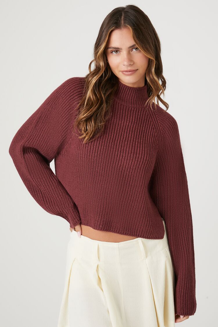 Forever 21 Knit Women's Cropped Mock Neck Sweater Burgundy