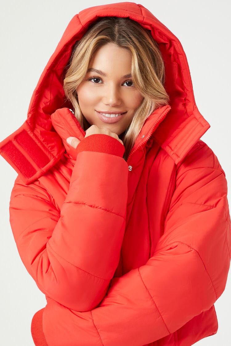 Forever 21 Women's Hooded Cropped Puffer Bubble Coat Jacket Red