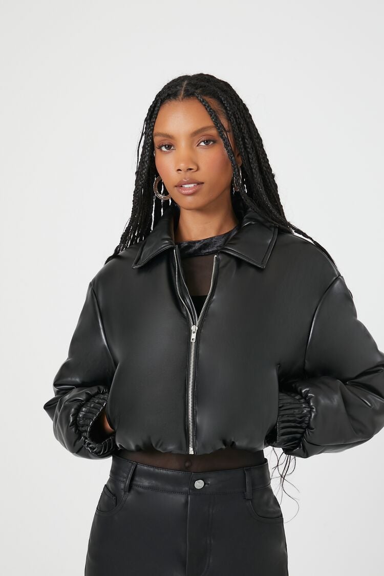 Forever 21 Women's Cropped Faux Leather/Pleather Bomber Jacket Black