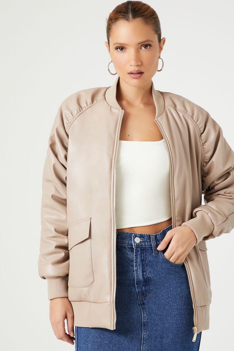 Forever 21 Women's Faux Leather/Pleather Ruched Bomber Jacket Nude