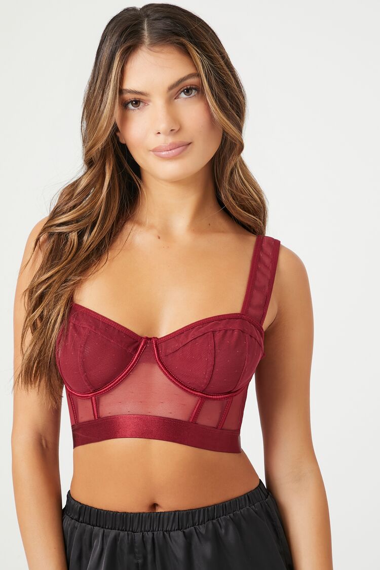 Forever 21 Women's Mesh Polka Dot Underwire Bra Burgundy