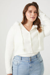 Forever 21 Knit Plus Women's Fuzzy Hooded Button-Up Sweater Vanilla