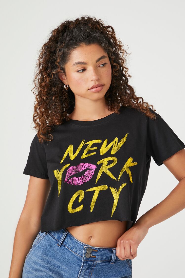 Forever 21 Women's Prince Peter New York Cty Cropped T-Shirt Black/Multi