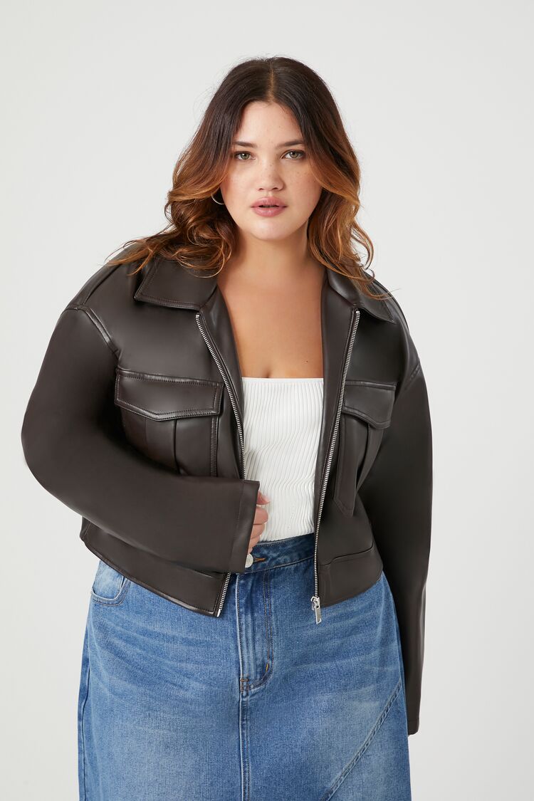 Forever 21 Plus Women's Faux Leather/Pleather Cropped Shacket Brown