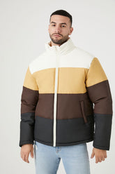 Forever 21 Men's Colorblock Funnel Neck Puffer Bubble Coat Jacket Cream/Coffee