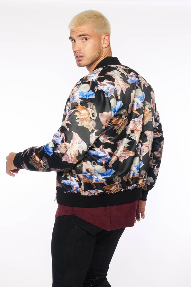 Forever 21 Men's Satin Angel Print Bomber Jacket Black/Multi