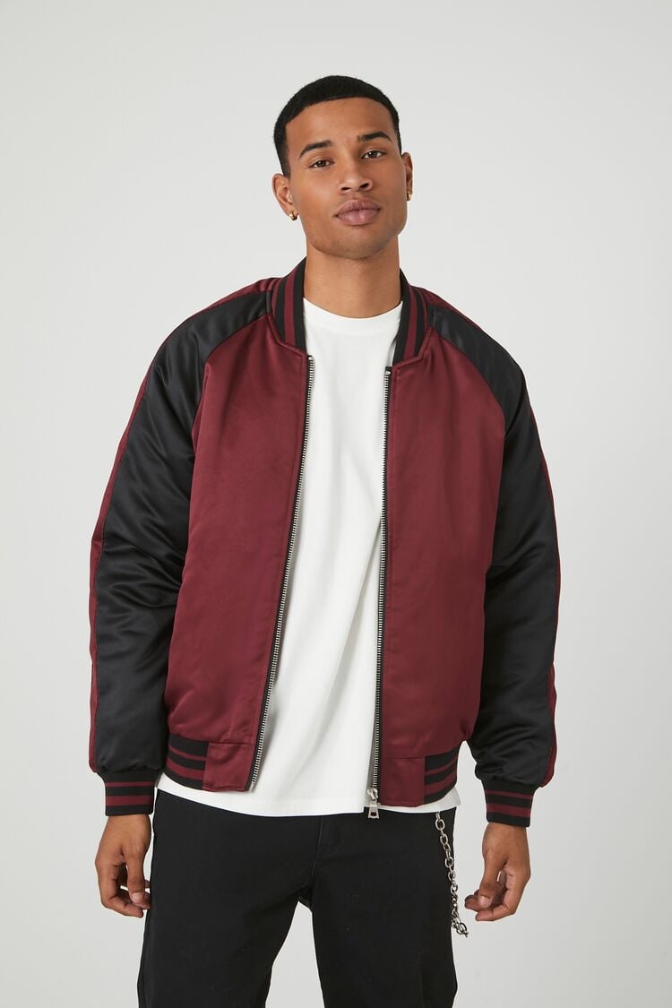 Forever 21 Men's Satin Varsity-Striped Bomber Jacket Black/Burgundy