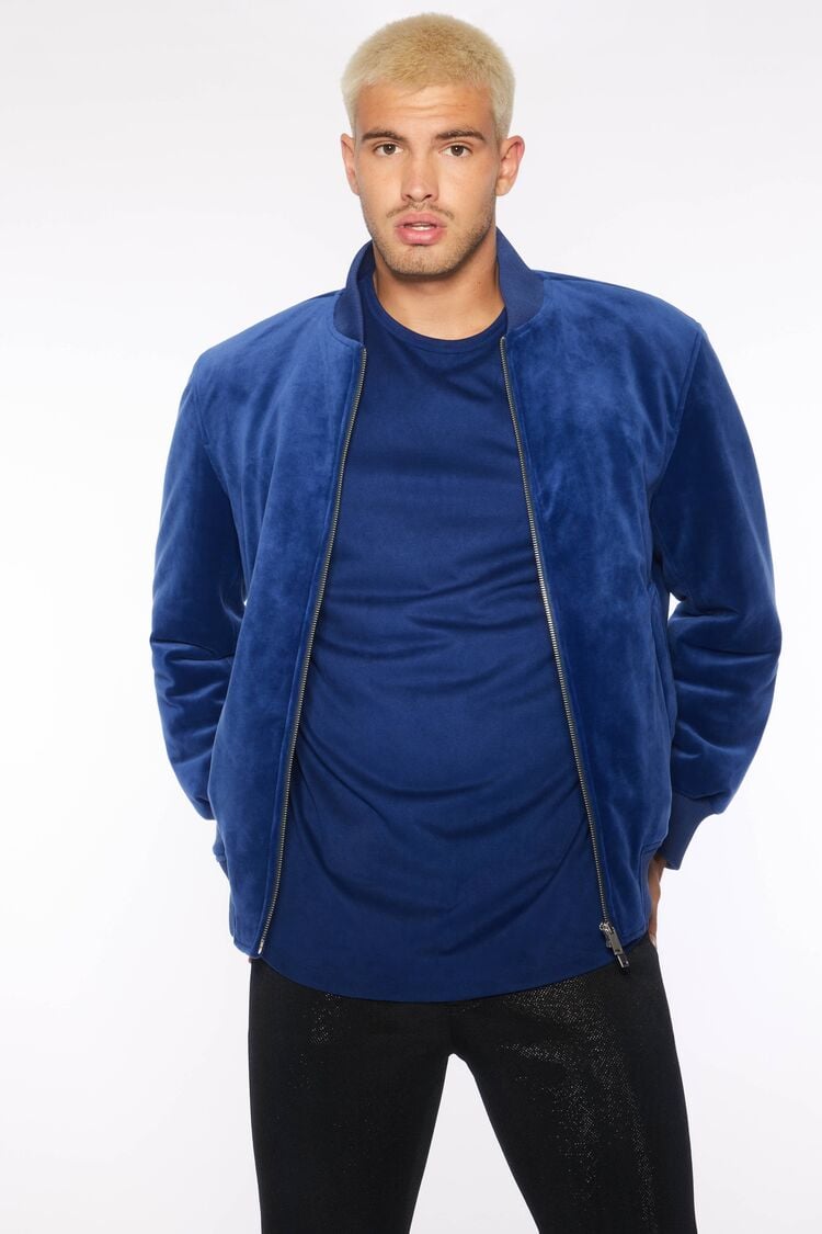 Forever 21 Men's Velour Zip-Up Bomber Jacket Dark Navy