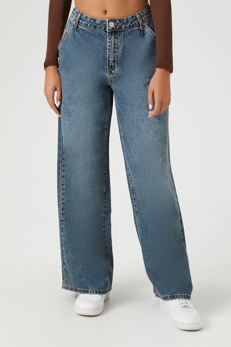 Forever 21 Women's Mid-Rise Wide-Leg Jeans Dark Denim