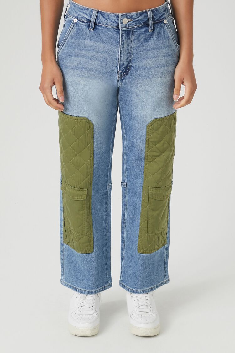 Forever 21 Women's Quilted Patchwork Straight-Leg Jeans Light Denim