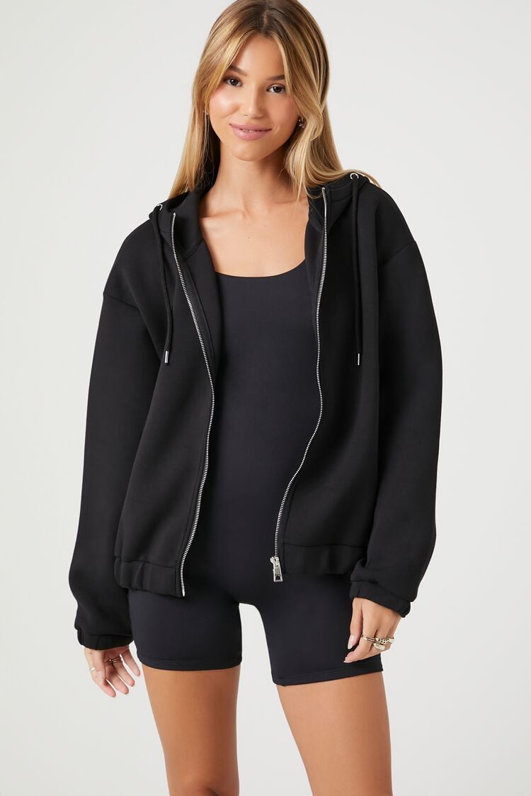 Forever 21 Women's Scuba Knit Zip-Up Hoodie Sweatshirt Black