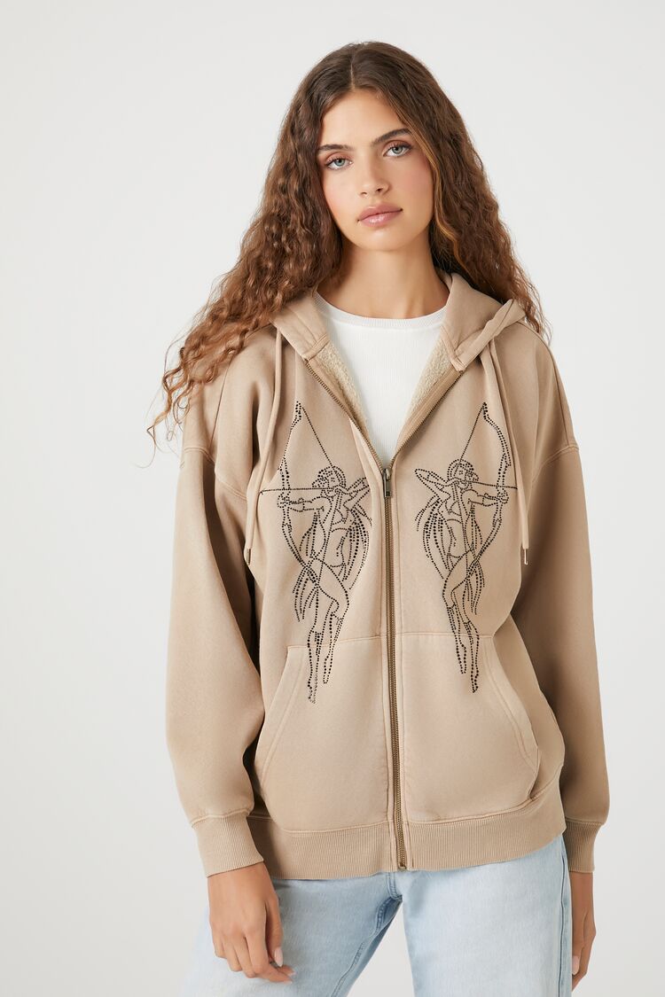 Forever 21 Women's Bow & Arrow Zip-Up Hoodie Sweatshirt Brown/Multi