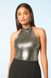 Forever 21 Women's Metallic Halter Bodysuit Silver