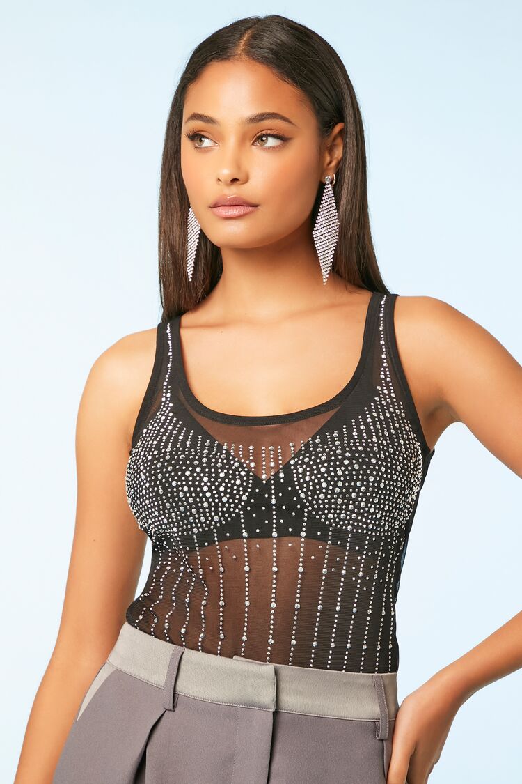 Forever 21 Women's Rhinestone Sheer Tank Bodysuit Black/Silver