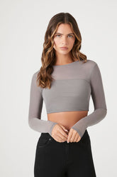 Forever 21 Women's Mesh Illusion Long-Sleeve Crop Top Dark Grey