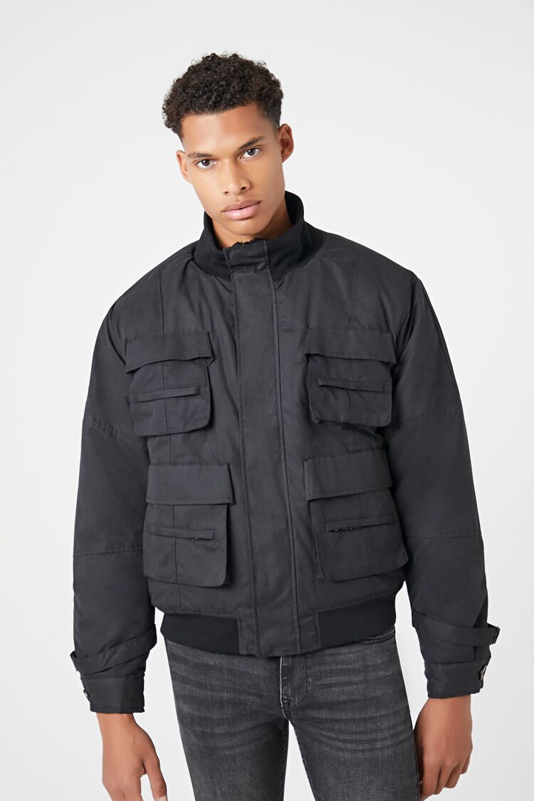 Forever 21 Men's Funnel Neck Cargo Bomber Jacket Black