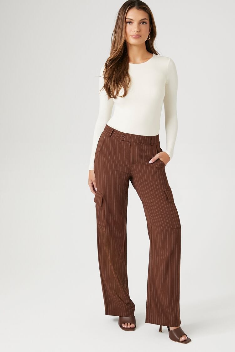 Forever 21 Women's Pinstriped Wide-Leg Cargo Pants Brown/Multi