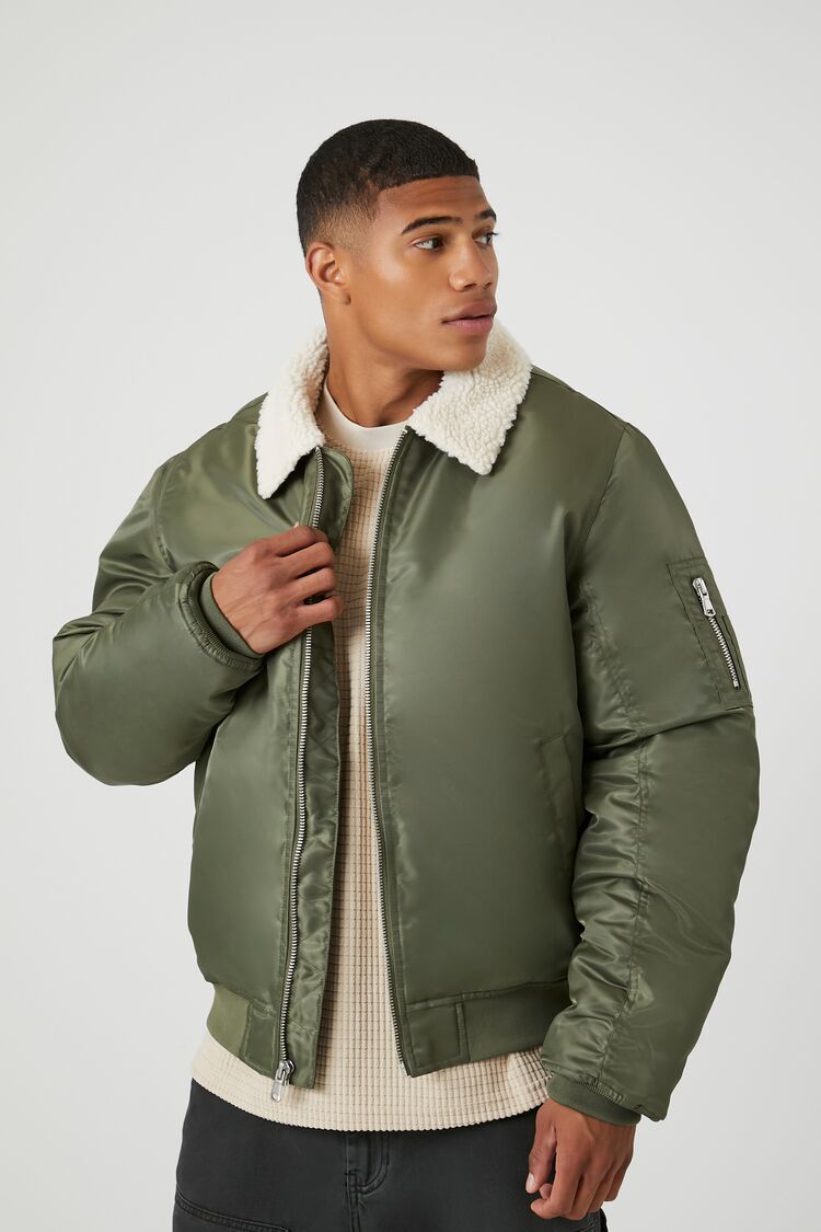 Forever 21 Men's Faux Shearling/Sherpa-Trim Bomber Jacket Olive/Cream