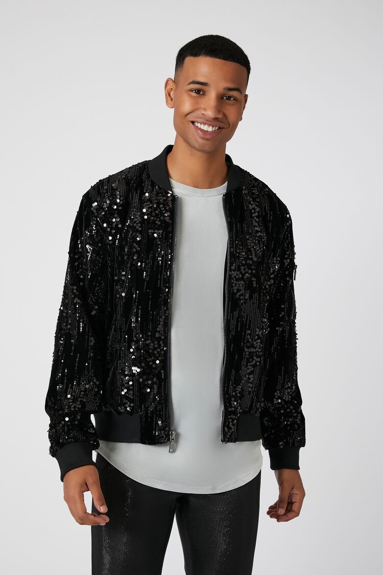 Forever 21 Men's Sequin Zip-Up Bomber Jacket Black