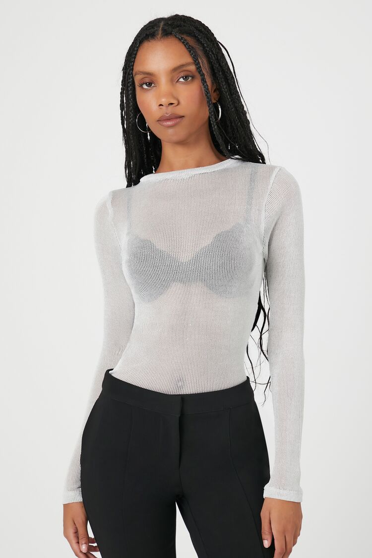 Forever 21 Women's Sheer Long-Sleeve Top Silver