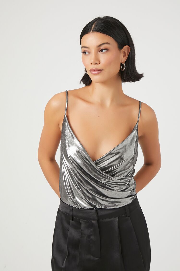 Forever 21 Women's Metallic Surplice Bodysuit Silver