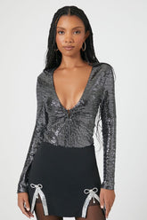 Forever 21 Women's Plunging Sequin Bodysuit Black/Silver