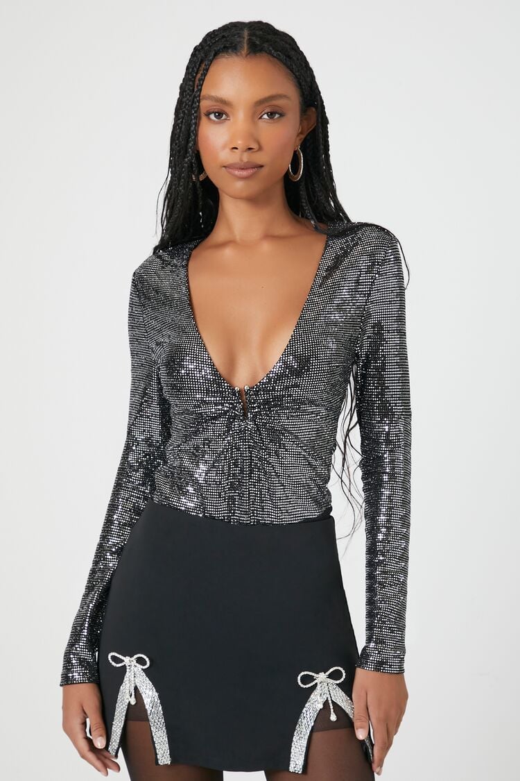 Forever 21 Women's Plunging Sequin Bodysuit Black/Silver