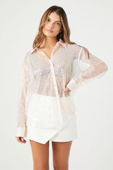 Forever 21 Women's Sheer Iridescent Sequin Shirt Pink