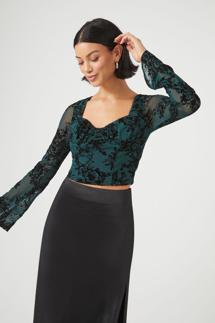 Forever 21 Women's Mesh Floral Print Crop Top Emerald/Multi