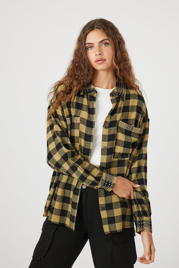 Forever 21 Women's Oversized Studded Flannel Shirt Yellow/Multi