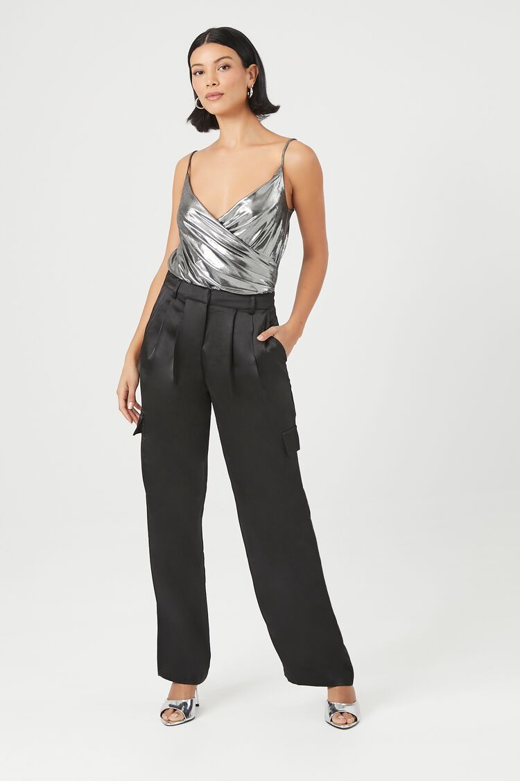 Forever 21 Women's Satin Cargo Pants Black