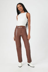 Forever 21 Women's Faux Leather/Pleather High-Rise Straight Pants Brown