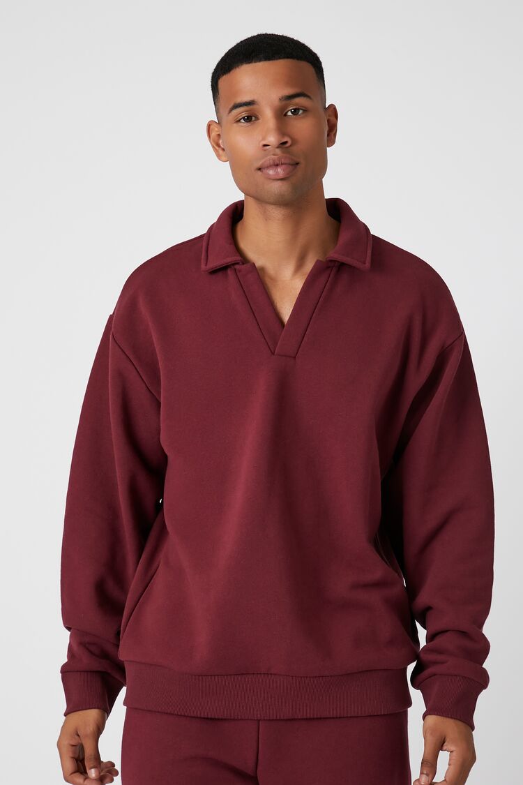 Forever 21 Men's Collared Split Neck Pullover Burgundy