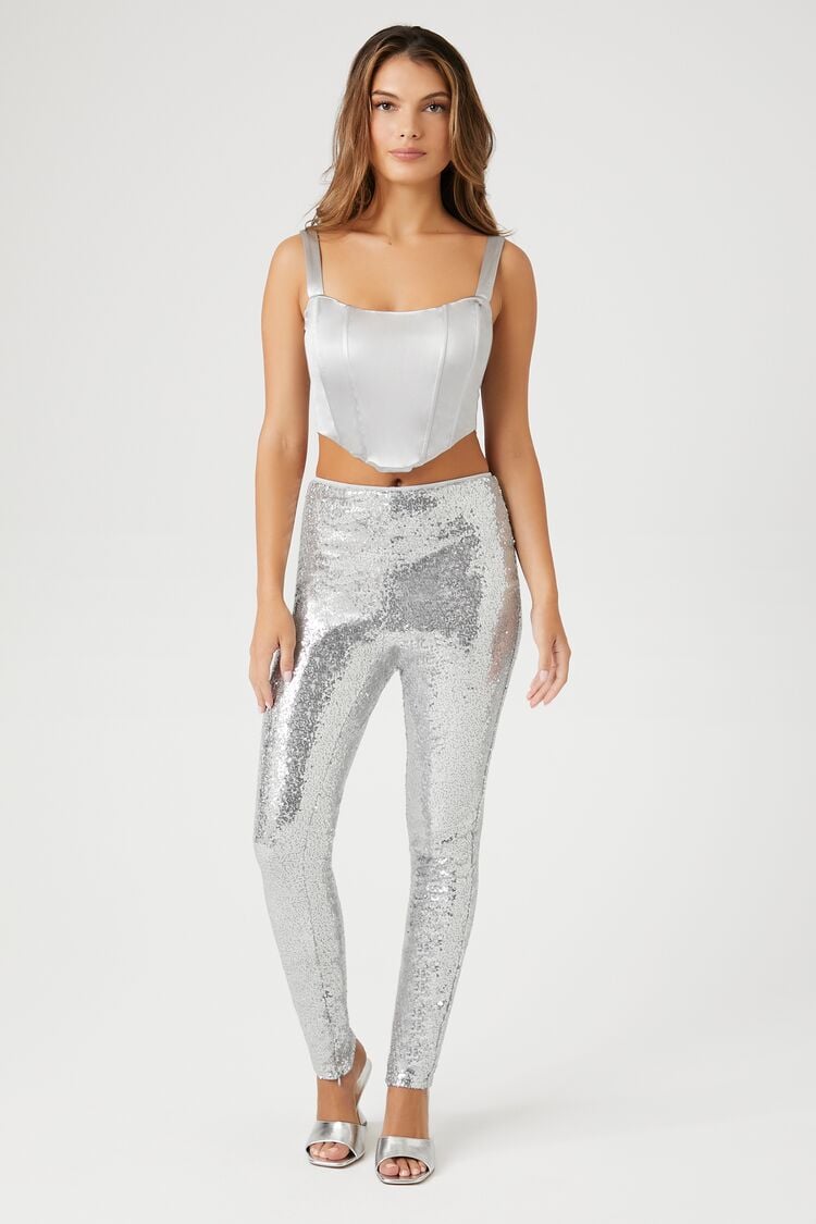 Forever 21 Women's High-Rise Sequin Leggings Silver