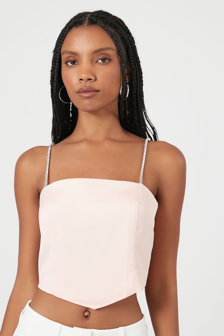 Forever 21 Women's Satin Rhinestone Cropped Cami Pink